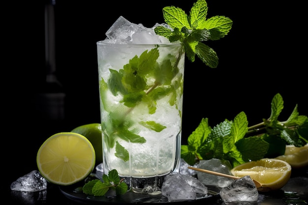 Tasty Coconut Mojito isolated on black background