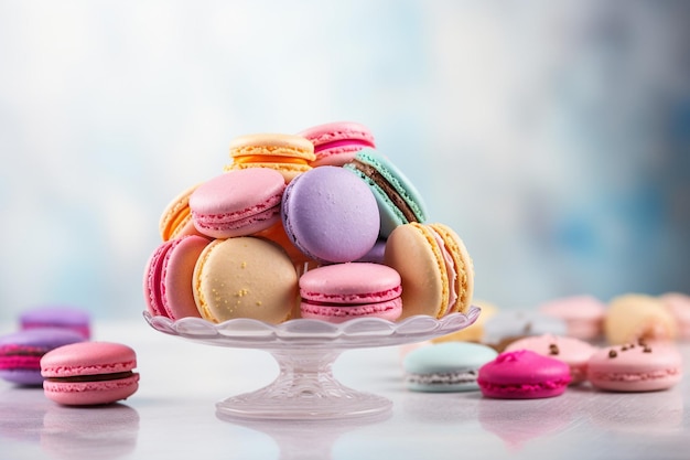 Tasty color cake with macaroons on table