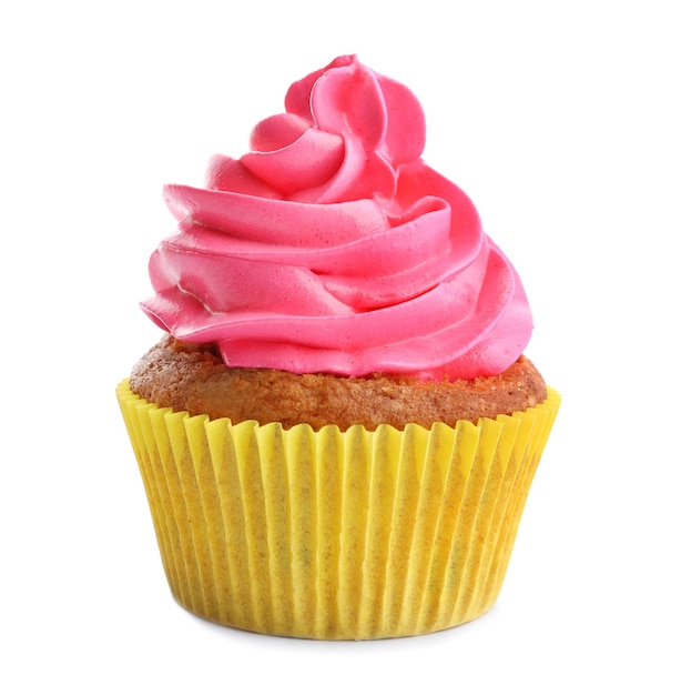 Tasty colorful cupcake on white background