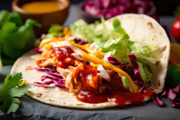 Tasty and Colorful Taco Closeup with Fresh Ingredients and Fiery Sauce