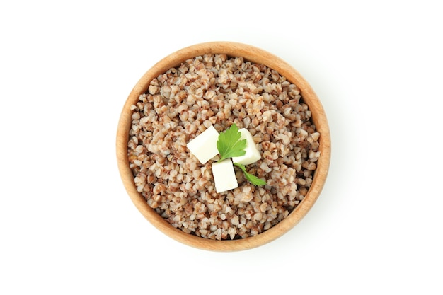 Tasty cooked buckwheat isolated on white background