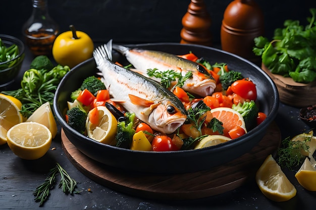 tasty cooked fish with fresh vegetables