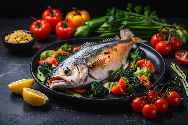 tasty cooked fish with fresh vegetables