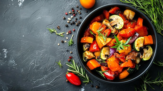 Photo tasty cooked vegetables served on grey table closeup