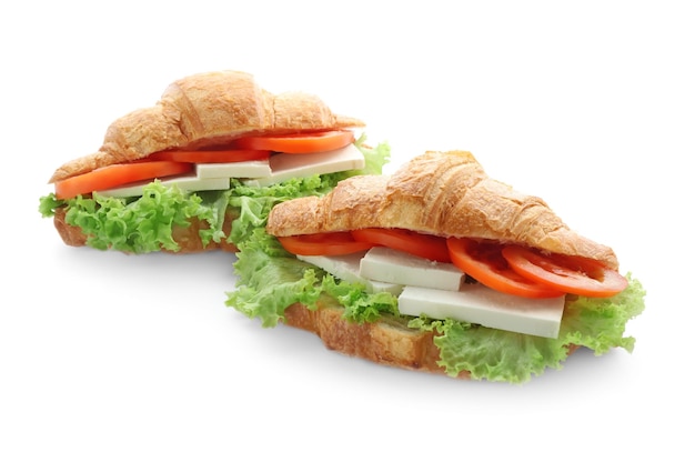 Tasty croissant sandwiches on white background