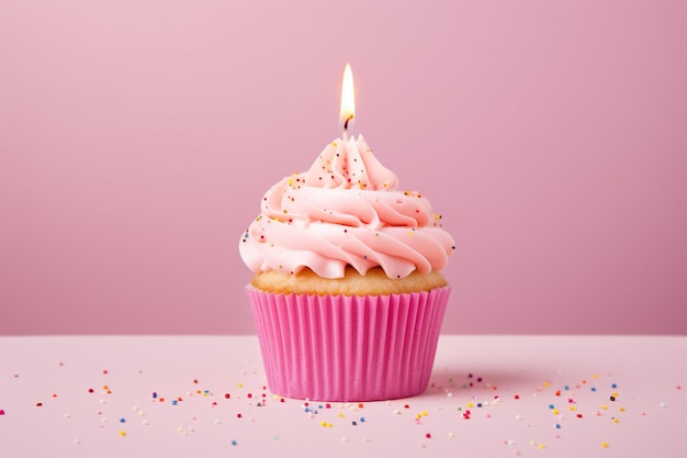 Tasty cupcake decorated with candle on pink