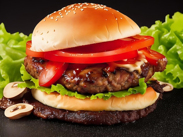 Tasty delicious beef burger with grilled meat and hamburger mushroom