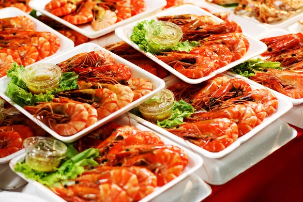 Tasty delicious shrimps in food market