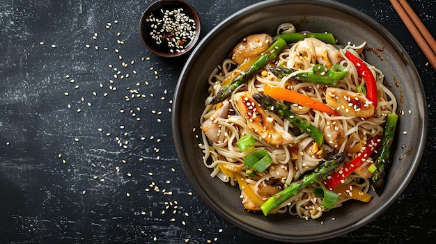 Tasty dish of Asian cuisine with rice noodles on dark concrete background AI Generative