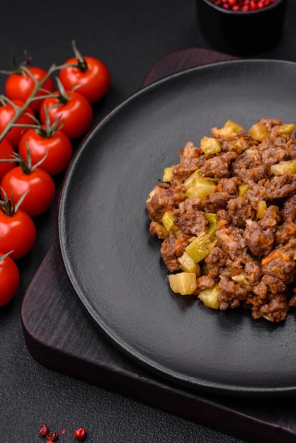 Tasty dish consisting of zucchini beef meat mushrooms onions and garlic