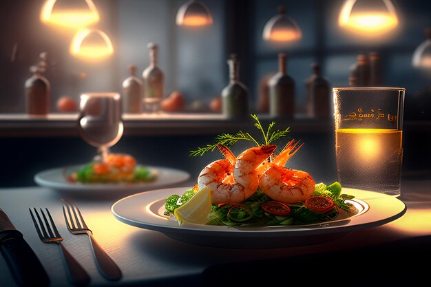 Tasty dish with shrimp and salads and blurred restaurant background