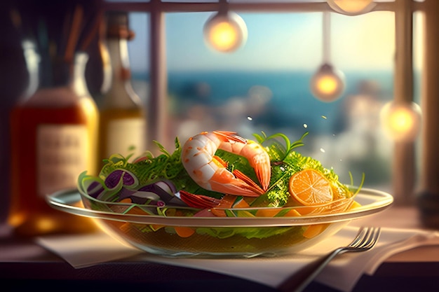 Tasty dish with shrimp and salads and blurred restaurant background