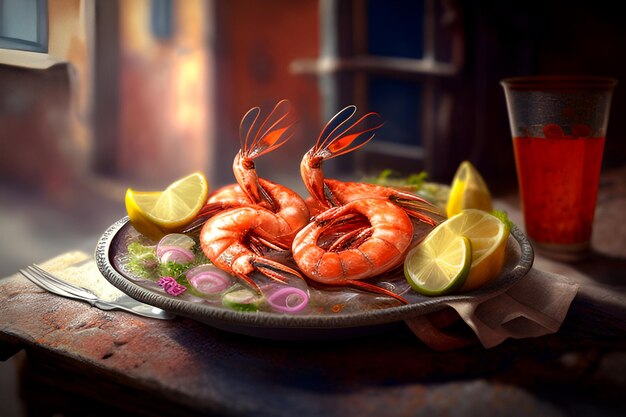 Tasty dish with shrimp and salads and blurred restaurant background