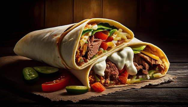 Tasty Doner Kebab Shawarma Roll Wrap Illustration Generative AI Food