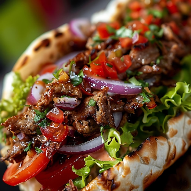 Photo tasty doner kebab with grilled meat tomato and onion