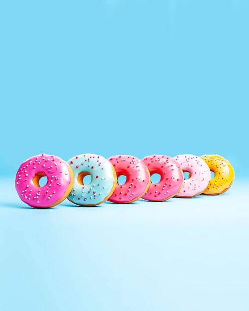 Tasty donuts Sweet food card with mix of multicolored doughnuts with sprinkles on blue background