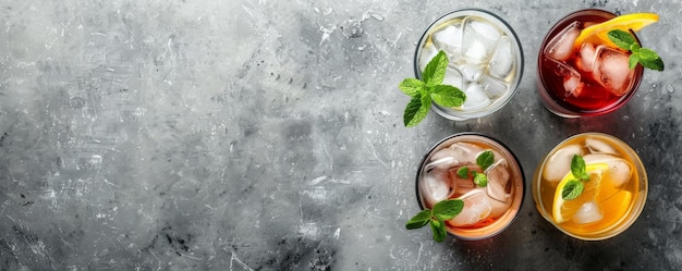 Tasty drinks with ice arranged on a gray surface from an overhead view allowing space for text in