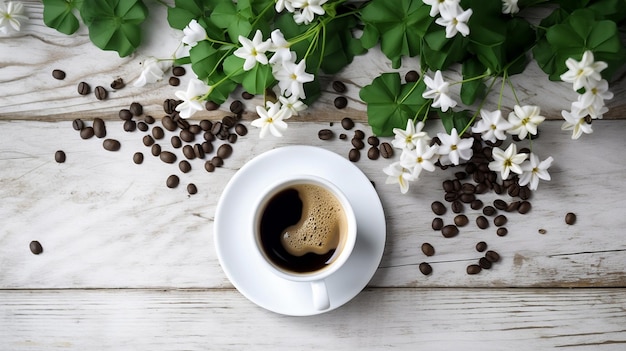 Tasty Espresso Coffee Cup with Beans on a rustic white wooden table with Spring Flowers