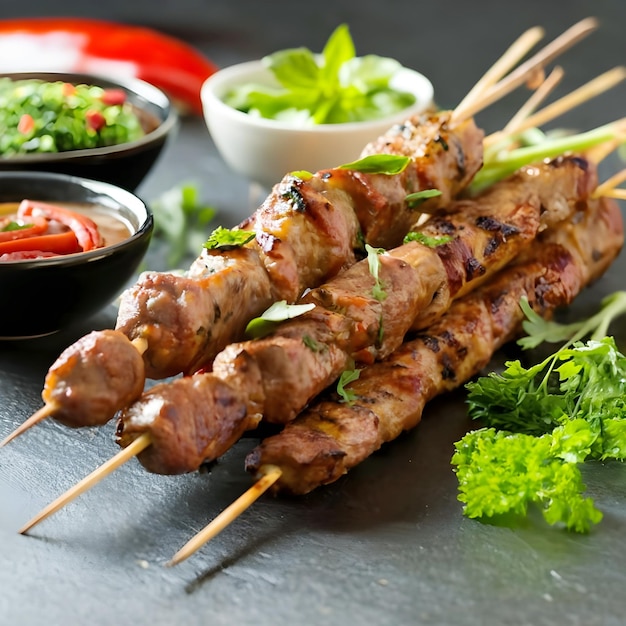 Tasty and eyecatching beef kebab sticks spiced with herbs