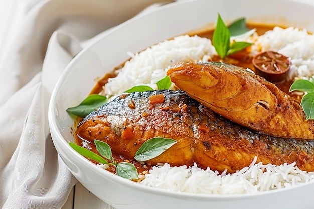 Photo tasty fish curry served with white cooked basmati rice with curry leaves in the background