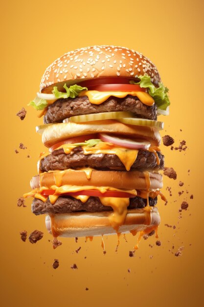 Tasty flying burger on bright background Juicy cheeseburger flying in the air Fast food concept Food levitation