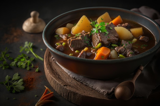 Tasty food Beef Stew with potato on a dark background Illustration AI Generative