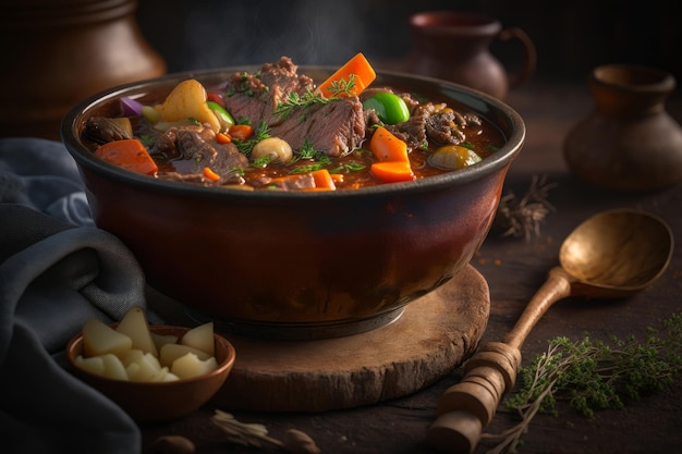 Tasty food Beef Stew with potato on a dark background Illustration AI Generative