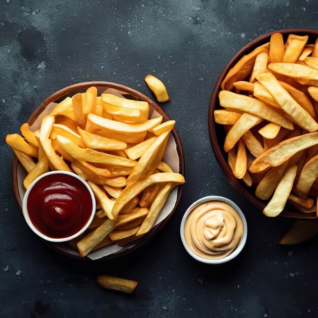 Tasty french fries with ketchup isolated on white topview Generative AI