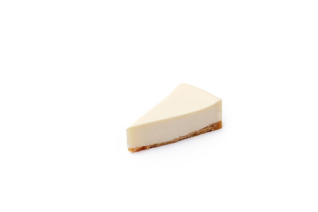 Tasty fresh cheesecake slice isolated on white background Healthy dietary dessert of dairy cream