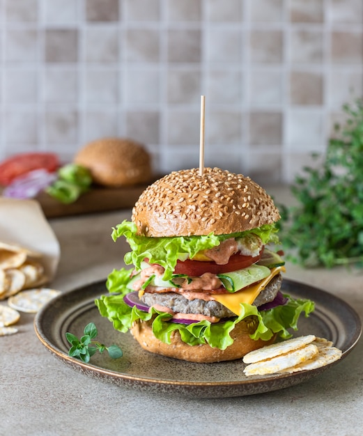 Tasty fresh homemade beef burger Fast food and junk food concept