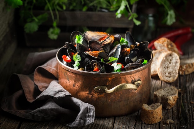 Tasty and fresh mussels with garlic and coriander