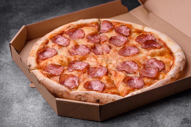 Tasty fresh pizza with salami cheese tomatoes spices and salt