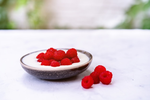 Tasty fresh raspberries yoghurt shake dessert in ceramic bowl standing on white table . Homemade berry smoothie. Healthy eating. Diet food.