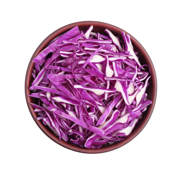 Tasty fresh shredded red cabbage in bowl isolated on white top view