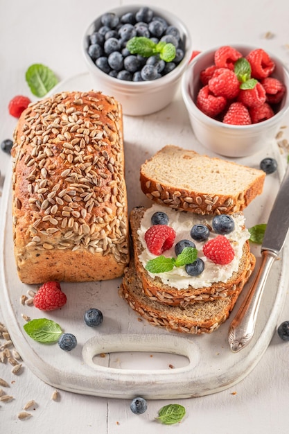 Tasty and fresh whole grain bread for healthy breakfast