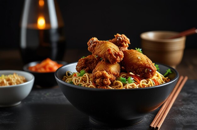 Photo tasty fried chicken and instant noodles meal generative ai