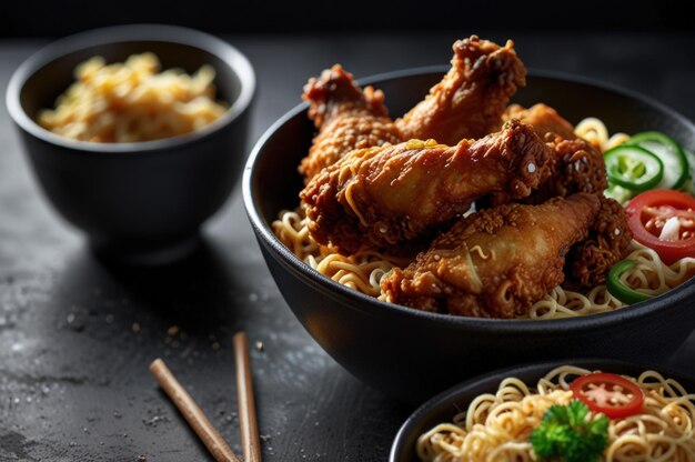 Photo tasty fried chicken and instant noodles meal generative ai