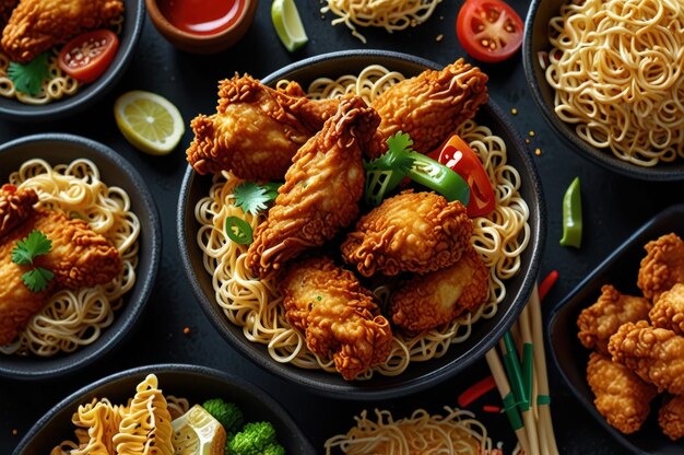 Photo tasty fried chicken and instant noodles meal generative ai