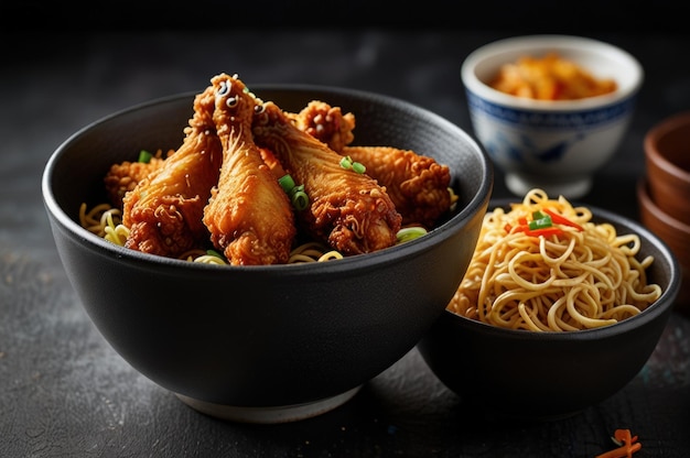 Photo tasty fried chicken and instant noodles meal generative ai