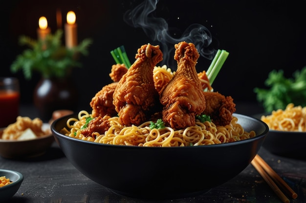 Tasty Fried Chicken and Instant Noodles Meal Generative Ai