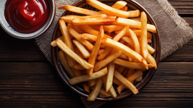 Tasty fries and ketchup minimalism potatoes on the table fast food