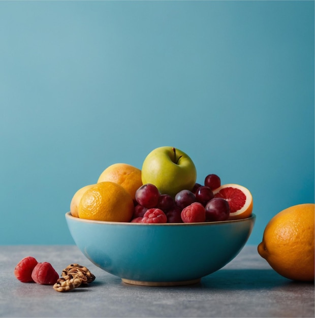 Photo tasty fruit bowl with blue background