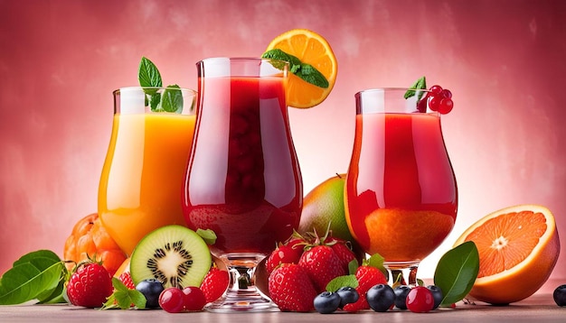 Tasty fruits and juice with vitamins on background