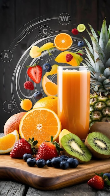 Tasty fruits and juice with vitamins on background