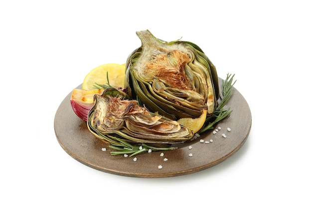 Tasty grilled artichoke isolated on white background