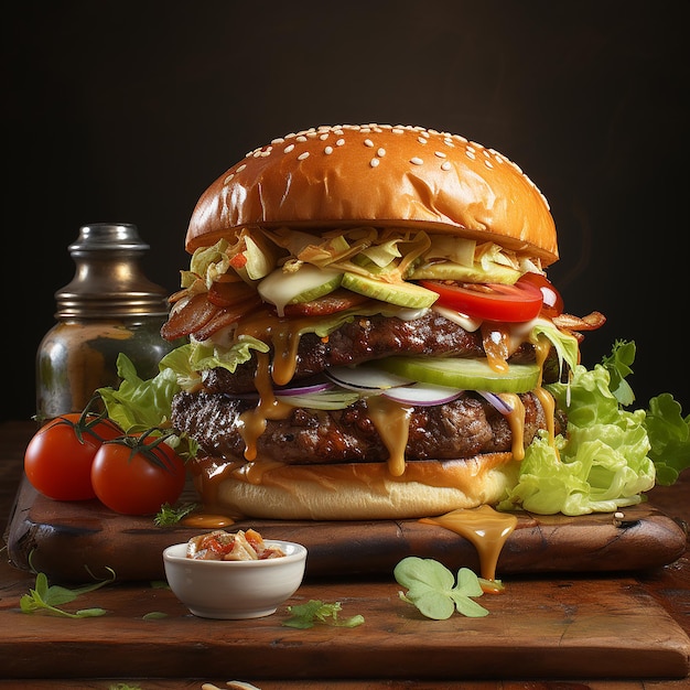 Tasty grilled big burger on wooden board