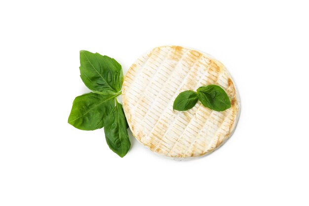 Tasty grilled camembert isolated on white background.