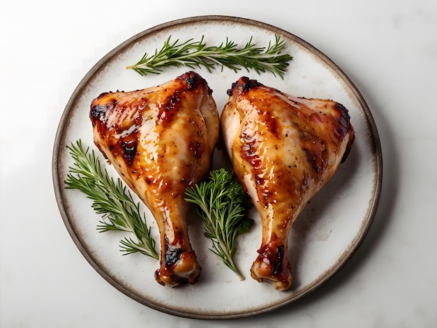 Tasty grilled chicken leg on white background top view