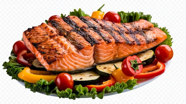 Tasty grilled salmon with mixed vegetables on white background top view