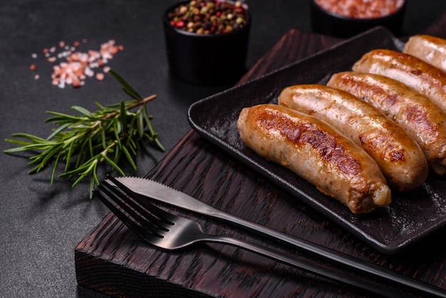 Tasty grilled sausages with spices and herbs on a black slate plate